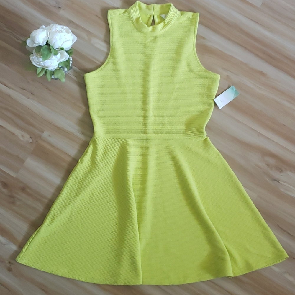 Neon High-Neck Rib-Knit Sleeveless Skater Dress